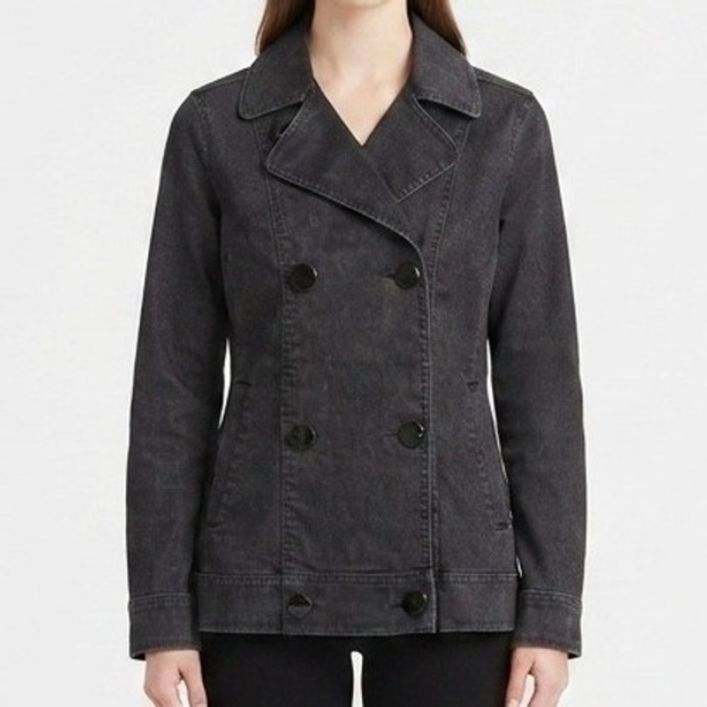 Talbots Denim Pea Coat Jacket Womens 12 Gray Double Breasted Cotton Blend